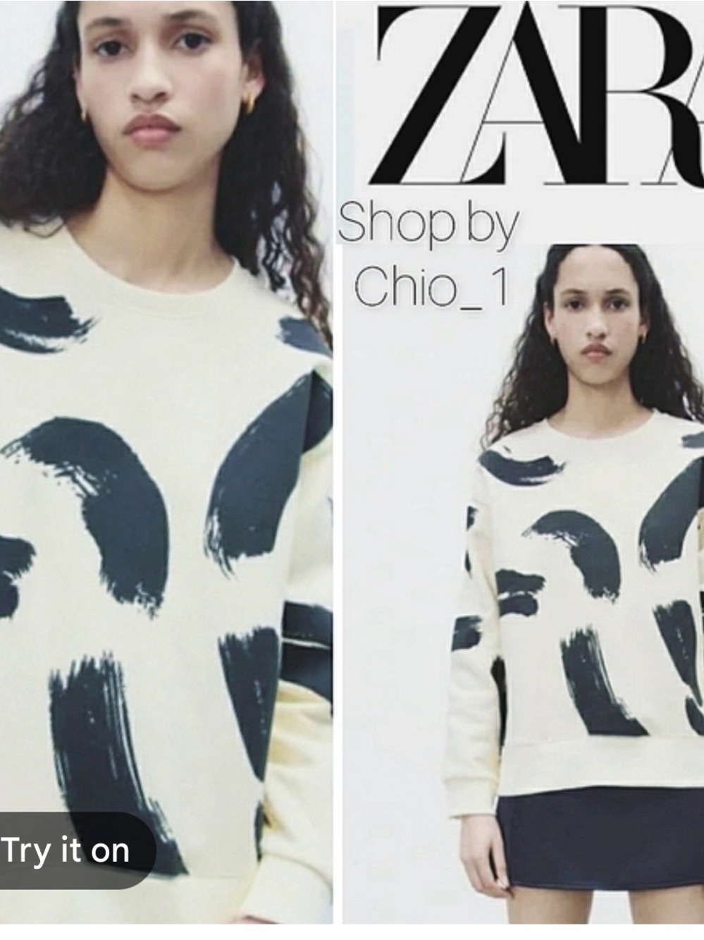 Zara White Crewneck Sweatshirt with Bold Black Brushstroke Print Size Medium